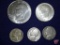 1964 Kennedy 90% Silver Half Dollar, 3 35% Silver War Nickels, 1972 Ike non-silver dollar