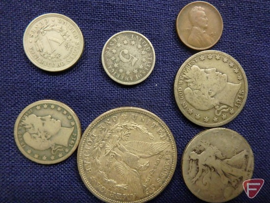 US Type Coins: 1929 Morgan Dollar VFXF, 1936 Walking Liberty Half G, 1915 S Barber Half Dollar VG,
