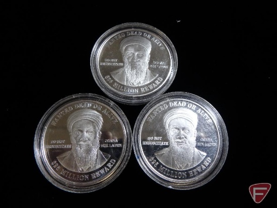 (3) Osama Bin Laden 1 Troy Oz. .999 Fine Silver rounds, Wall Street Mint