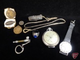 Costume jewelry, St Christopher token, alarm pocket watch for parts