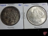 1921 Morgan Silver Dollar BU, 1923 D Peace Dollar XF or better