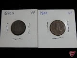 1859 Indian Head Penny VF, 1890 S Seated Liberty Dime VF
