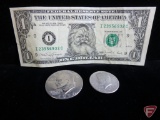 1988 US $1 Santa Claus Federal Reserve note, 1974 D non-silver Ike Dollar