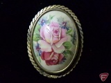 Ladies yellow GF hand painted porcelain broach, Limoges France