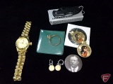 Yellow GF battery operated imitation Rolex Watch, pair of Ladies costume earrings with imitation