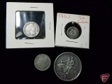 1852 3 cent silver with small hole in it, 1898 O Barber Dime F,