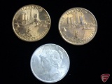 1925 Peace Dollar AU condition, (2) 1968 Sesquicentennial copper tokens