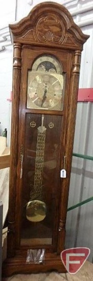 Sligh Grandfather clock, 83 in tall x 19 in wide, with key pendulum and weights