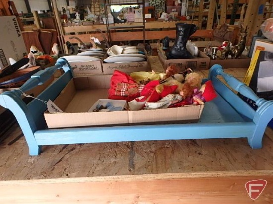 Wooden doll bed, dolls, miniature doll dishes