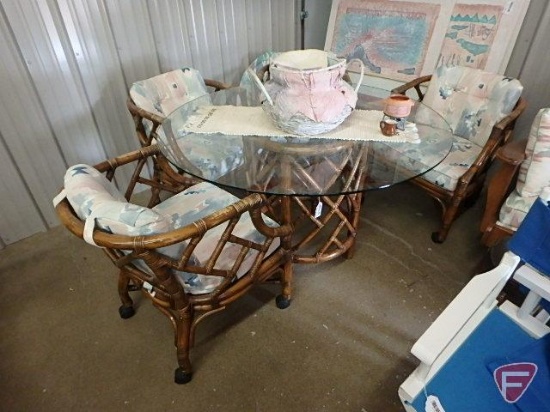 Bamboo 48 in glass topped table with 4 bamboo chairs on casters, southwestern