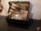 Wood chest/trunk, 34inW, religious themed prints in vintage frames, one lighted, wall display shelf