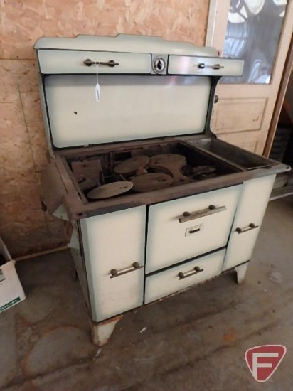 Vintage Range Qualified enamel stove and oven, wood burning, range top broken, includes