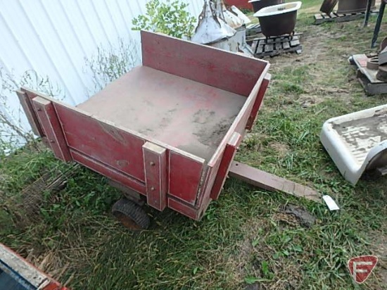 Pull type utility wagon on homemade steel frame with wood sides and bed, small hard wheels