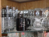 Clear glass; Sunday cups, sugar & creamer, snack trays, china cups and plates,