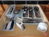 Flatware and kitchen utensils, timer, scale, spatulas. Contents of both drawers.