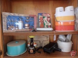 Christmas cookie cutters, pastry set, metal cake pan with cover, Old Oak Rum bottle, Coop wood