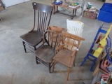 Wood chair, child/doll chairs, high chair, metal toy refrigerator and washing machine,