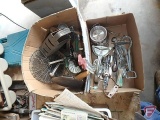 Metal kitchen items, ramekins, flatware, masher, graters, egg beater, ice cream scoop, candy