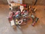 Tricycle parts, sandbox metal toys, some Tonka, camper, bulldozer, road grater, dump truck, crane
