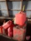 (7) jerry cans, metal oil cans, and plastic gas cans