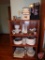 shelf and contents: collector plates, dishes, vases, salt/peppers, cookie jar, metal coin banks