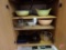 Contents of cupboard: Casserole dishes, glass nesting bowls, orange speckleware dish,