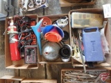 1/4in socket set, automotive electrical repair kit, oil filter sockets, funnels, fire extinguisher,