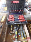 Screw driver set with case, screw drivers, small handle hammers, and adjustable wrenches
