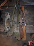 Military radio, (2) trenching tools, (2) toy guns, and wood ice fishing rod