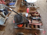 (2) hydraulic floor jacks, hand saws, fire extinguisher, Toro lawn mower seat, shop stool,