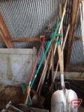 Yard and garden tools: hay rake, scoop shovel, shop broom, rakes, shovel