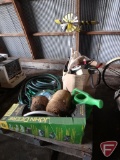 Yard and garden tools: hoses, twine, watering can, John Deere quick-tatch blower, funnel,