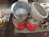 Metal and plastic fuel cans, metal funnels, metal oil cans