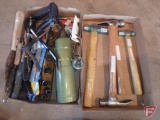 Hammers, small propane torch, saw, needle nose pliers, gauge, putty knife, sockets