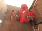 (3) plastic fuel cans, oil canister, and Standard Iso-Vis glass oil container with spout