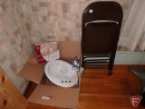 Bathroom sink, faucet, bath drain, (3) metal folding chairs