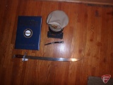 US Submarines book, pocket knife, military hat, parascope mirror, and decorative sword
