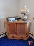 Corner media cabinet, electric lamp, radio, Holiday Solid State AM/FM/FMmpx recorder