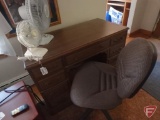 Wood desk with 8 drawers, 31inX44inWx22inD, desk chair, and (2) table top fans