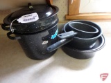 Enamel, pasta pot, (2) kettles, and one covered pot.