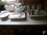 Canister set, Corning Ware casserole dishes, baking dishes, pie plates, toaster and tea pot