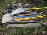 Yard and garden tools: Garden Claw, rock rake, scoop shovels, limb saw, shovels, block, hoe