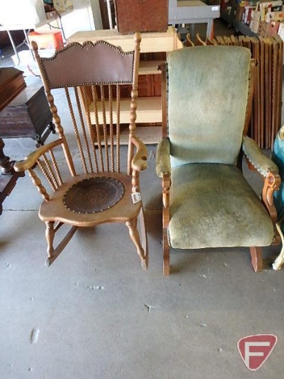 Vintage chairs, wood rocking chair with upholstered seat and nailhead trim