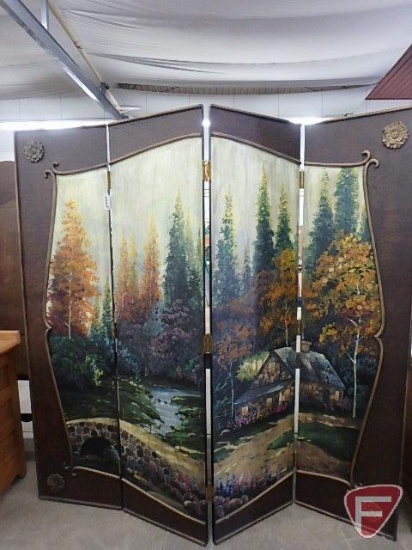 Four panel room divider with painted stone cottage and waterfall with wood trimming