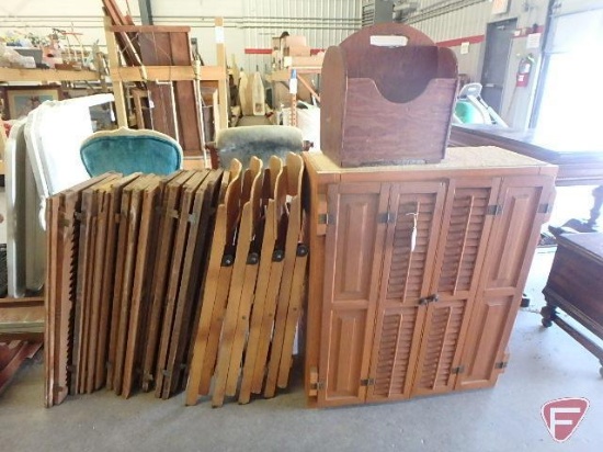 Wood cabinet with shutter doors 30.5 in x 12 in x 36 in, 4 wood folding chairs,