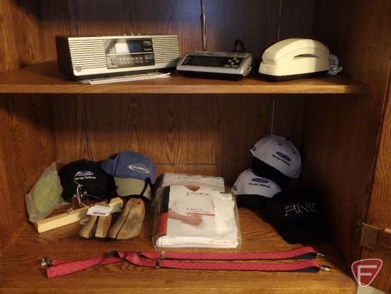 Clock radio, weather radio, phone, Stafford size L tshirts, ball style caps, wood shoe stretchers,