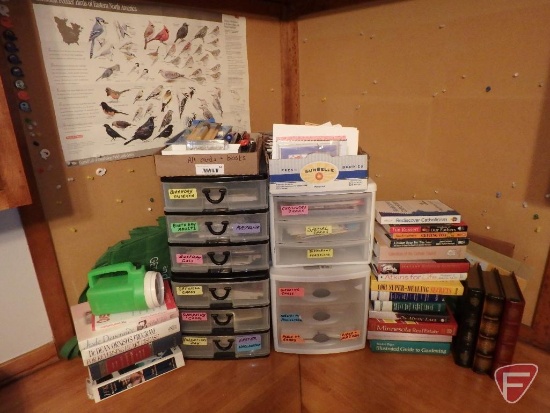 Greeting cards, unused, and books, secret storage books, and office supplies