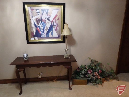 Hallway Sofa table, 28inHx52inWx16inD, framed artwork, metal table lamp, ands