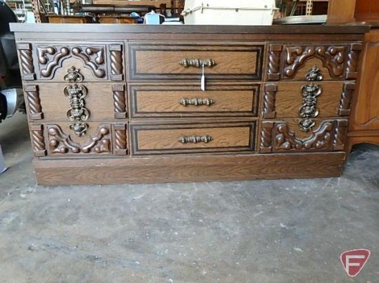 Wood dresser/storage cabinet with plastic front decoration, 9 drawers, one drawer needs repair,