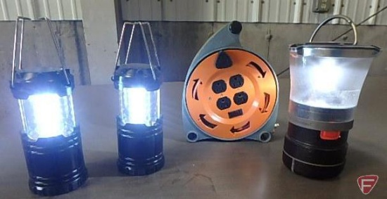 (3) battery operated lanterns and extension cord on retractable reel